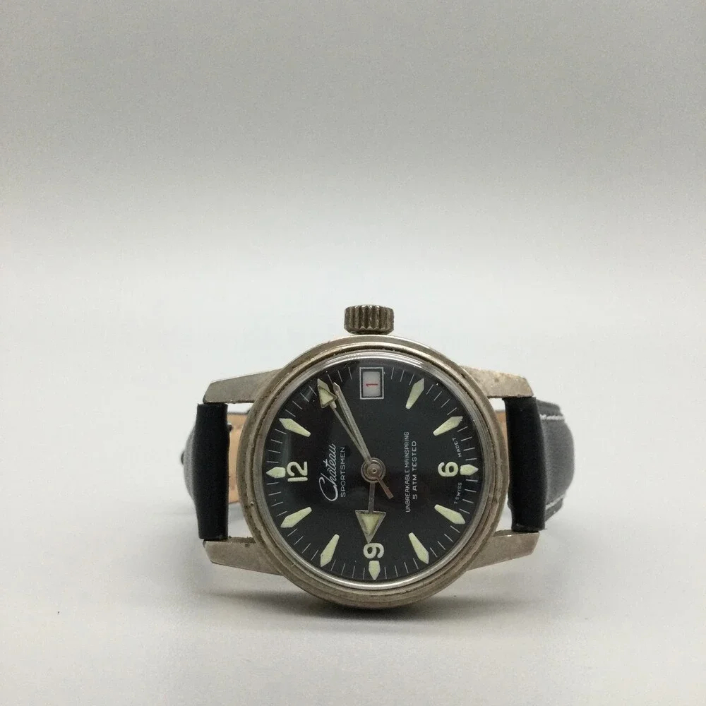 Vintage Chateau Sportsman Mens Watch 30mm Black Dial Manual Date Swiss Leather